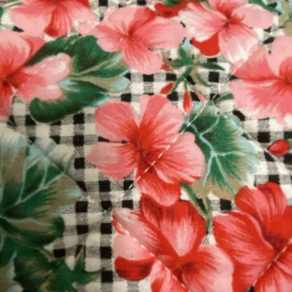 Set of 6 Vintage Floral Quilted Placemats Gingham Check Hibiscus Red Pink Oval